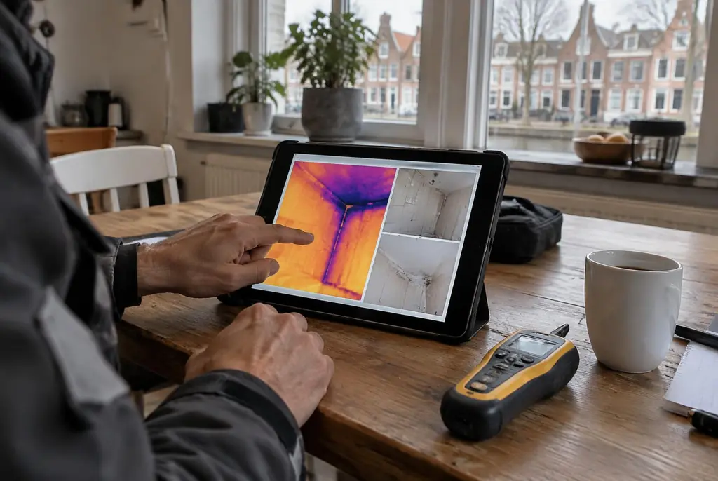 Lekdetectie Beekbergen – lekdetectierapport met warmtebeelden en foto's op een tablet