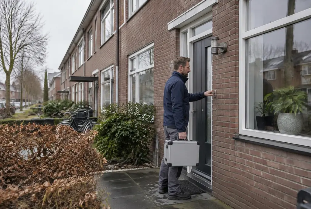 Lekdetectiespecialist met meetkoffer bij de voordeur van een woning in Beekbergen